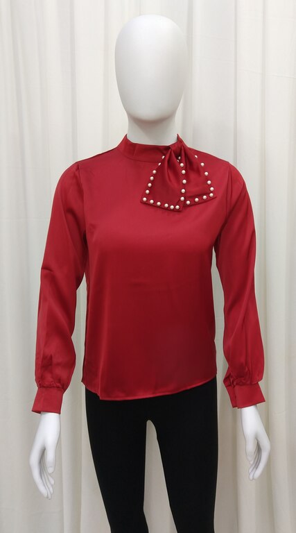Satin Formal Women Top With Pearl Embroidery Bow On Neck (L, Red)